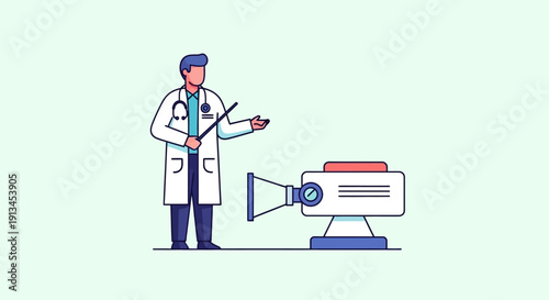 Outline illustration of a male doctor in a lab coat and stethoscope, holding a pointer stick and explaining diagnostic data displayed on a stylized medical machine device.