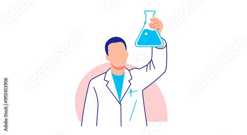 Minimalist vector illustration of a male scientist or researcher in a white lab coat holding up an Erlenmeyer flask containing bright blue liquid during a successful laboratory experiment.