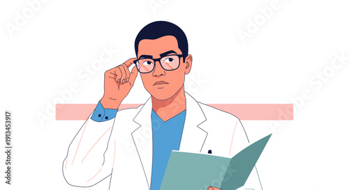 Detailed vector illustration of a serious young man in a white lab coat and glasses, looking intently while adjusting his spectacles and holding a blue notebook or medical chart.