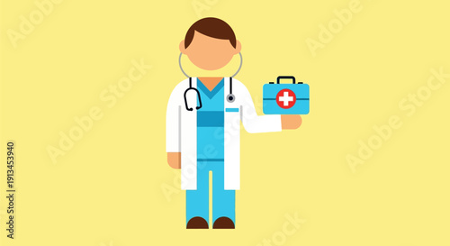 Iconic flat design illustration of a healthcare worker wearing a stethoscope, white lab coat, and blue surgical scrubs, holding a vital blue first aid kit with a cross symbol, isolated on yellow.