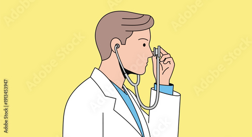 Simple line drawing of a young male medical professional in uniform preparing to listen with a stethoscope, depicted in profile view on a solid pastel yellow background.