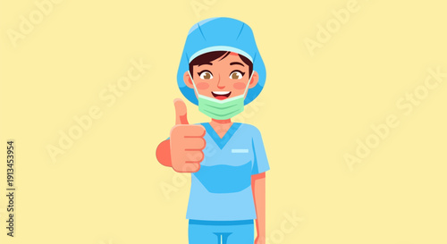 Detailed vector illustration depicting a smiling female healthcare professional in blue scrubs, surgical cap, and protective mask giving a confident thumbs-up gesture.