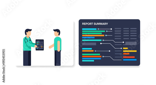 Digital health concept illustration with doctor presenting medical test results on a tablet to a patient, alongside a dark report summary dashboard data visualization.