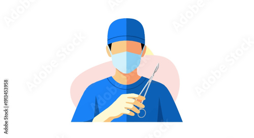Vector illustration of a surgeon or medical specialist in blue scrubs, mask, and cap, holding a silver surgical scalpel instrument. Flat design on a minimal white background.