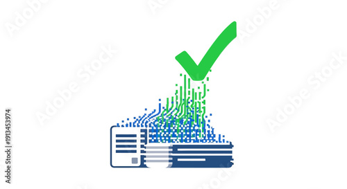Data validation and verification concept vector graphic. Green checkmark dissolving into blue and green digital stream over stacked financial document or server icons on white background.