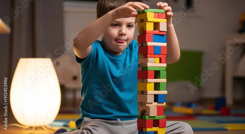Boy playing with colorful building blocks stacking a tower kids school life learn study undergraduat