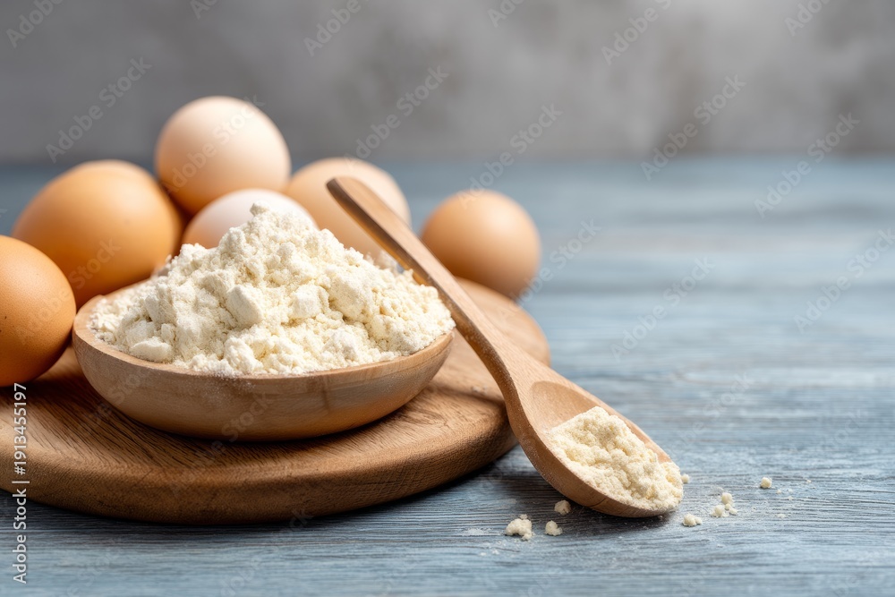 Fototapeta premium Fresh Ingredients in Original State Featuring Eggs and Flour in Kitchen Setting