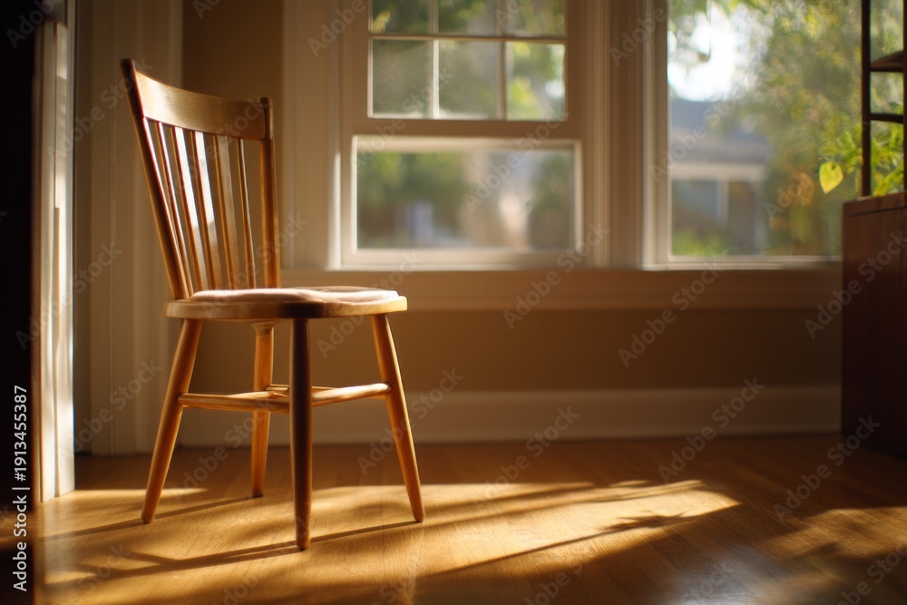 Fototapeta premium Tilted Chair Creating Visual Tension in an Empty Room with Natural Light