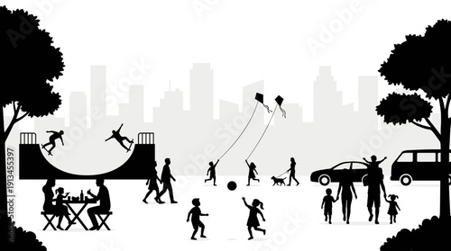 City park recreation silhouette vector, family flying kites, playing chess and skating on ramp, black and white urban landscape background with trees, car and skyline buildings.