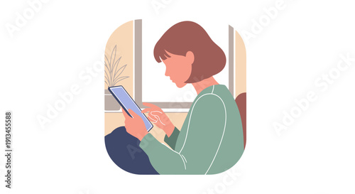 Young woman engrossed in her tablet, reading or working with concentration.
