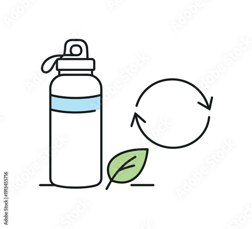 Sustainable daily habits and environmentally responsible lifestyle choices integrated into modern routines, a reusable water bottle next to a small leaf and a circular arrow