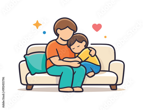Everyday family care expressed through quiet supportive action in daily home life, a parent gently holding a child close while sitting on a sofa with a soft cushion representing