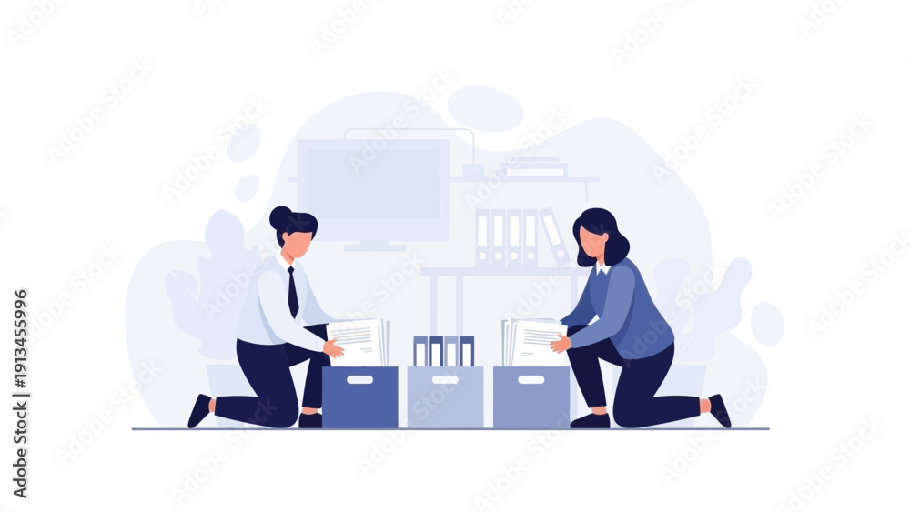 Fototapeta premium Office reorganization: colleagues packing documents into boxes for moving or archiving.