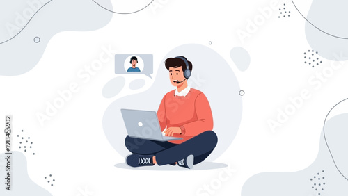 Young man on video call with headset and laptop, remote work concept