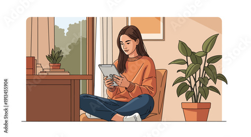 Young woman engrossed in reading a book at home.