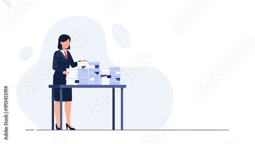 Businesswoman Organizing Paperwork Stacked on Desk