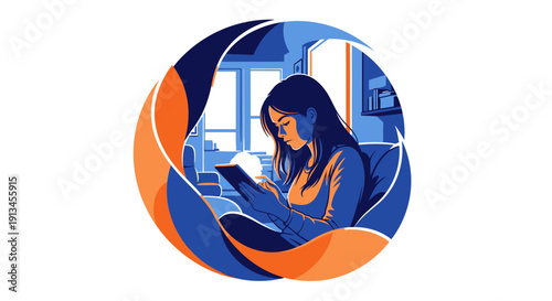 Young woman engrossed in reading a book in a cozy setting.