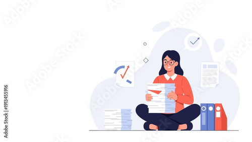 Woman Organizing Paperwork and Documents at Desk, Business Workflow