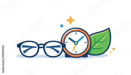 Healthy focus recovery and eye-care awareness during screen-heavy workdays centered on prevention and comfort, a pair of minimal glasses beside a small clock and a leaf as a