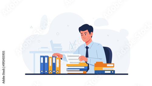 Office worker organizing documents, paperwork, and files at desk