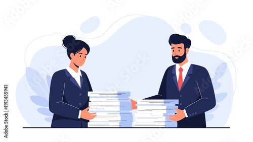 Business partners carrying heavy stacks of documents, teamwork and workload concept.