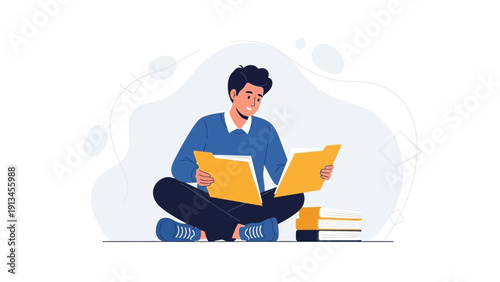 Young man reading documents in folders, sitting with legs crossed, surrounded by abstract shapes