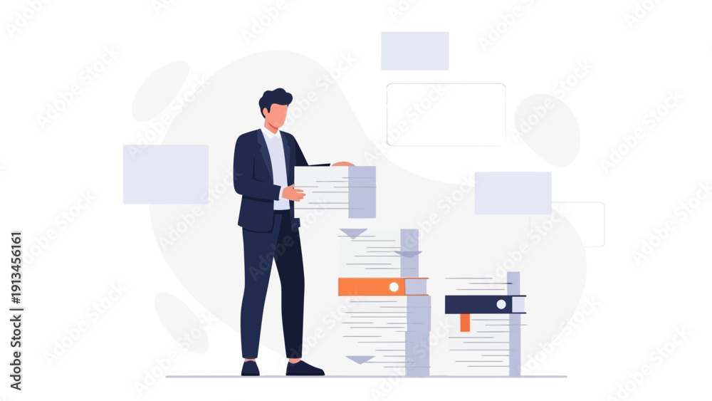 Fototapeta premium Businessman Organizing Paperwork and Data in Office