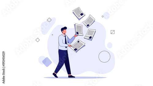 Businessman juggling documents, managing workload and multitasking concept
