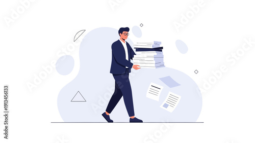 Businessman carrying heavy stack of documents, workload concept, flat illustration