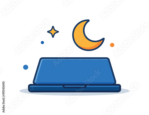 Calm daily habit of creating a smooth transition from work to rest at home, a closed laptop paired with a small moon icon representing boundaries and evening balance, expressing