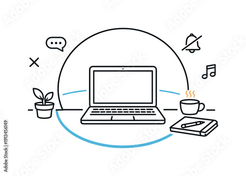 Mindful productivity and focus management in a modern work routine where attention is protected from distractions, a simplified desk scene with a laptop and a single focus ring