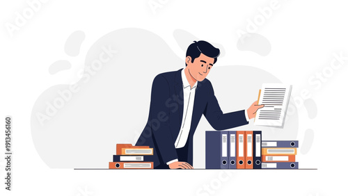 Businessman reviewing documents with office binders, business concept illustration