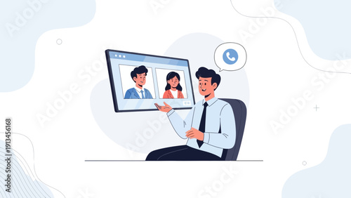 Man in video call with colleagues, remote work meeting, online communication