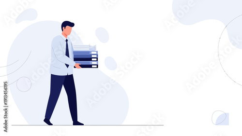 Man carrying stack of folders, business concept illustration
