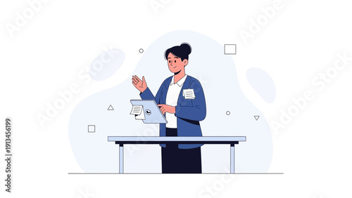 Businesswoman presenting at a conference, holding a tablet and speaking