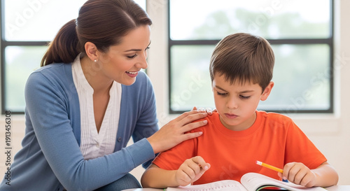 Mother Helping Son with Homework Supportive Education kids school life learn study undergraduated