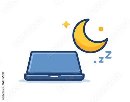 Calm daily habit of creating a smooth evening transition from activity to rest, a closed laptop paired with a crescent moon icon symbolizing digital pause and personal time,