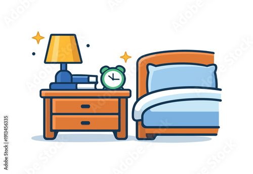 Calm daily habit of keeping the bedside area simple and organized for better rest, a nightstand paired with a small lamp symbolizing order and emotional comfort, expressing safety,