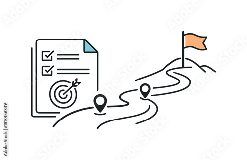 Strategic roadmap planning and long-term business vision in a professional leadership context emphasizing direction, a clean path line leading to a flag combined with a document