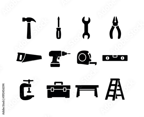 Garage workshop tools: hammer, screwdriver, wrench, pliers, hand saw, drill, tape measure, level, clamp, toolbox, workbench, ladder.
