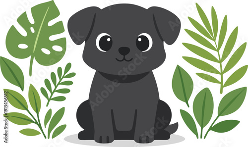 Cute flat vector illustration of a black dog sitting surrounded by tropical leaves.