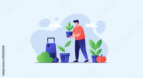 Man holding a potted plant near other potted plants and a suitcase