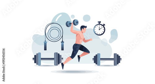 Fitness and Exercise Concept Man Running with Dumbbells and Jump Rope