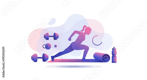 Healthy lifestyle concept with woman exercising and fitness equipment illustration