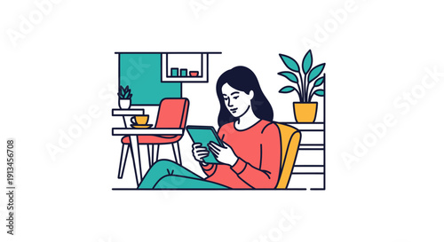 Young woman focused on digital tablet for work or leisure.