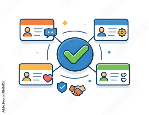 Remote collaboration and shared accountability in distributed teams, connected task cards arranged around a central checkmark representing visibility and aligned responsibility,