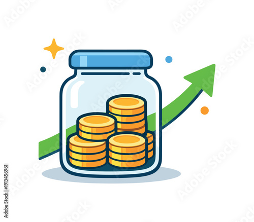 Personal savings growth and financial habit building for long-term security, a simple jar with coins paired with a small upward arrow representing steady accumulation and