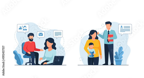 Work-Life Balance Illustration: Professional Communication, Business Meeting, Family Support, and Financial Advisory Services.