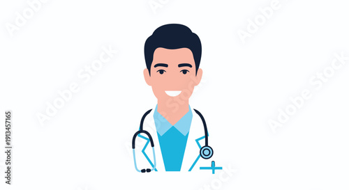Smiling Male Doctor Avatar Icon. Healthcare Professional in Lab Coat with Stethoscope. Flat Vector Illustration for Medical Apps and Telehealth Services.