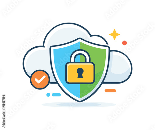 Digital security and data protection for online business operations showing trust and reliability in technology use, a shield combined with a cloud and a single lock representing